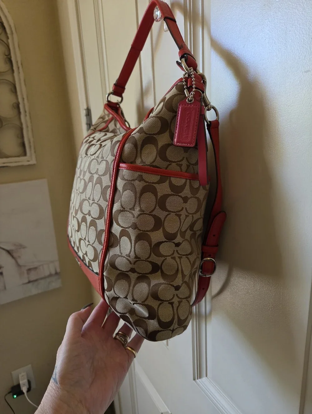 Coach Khaki Signature Canvas Hobo with Red Leather Trim 